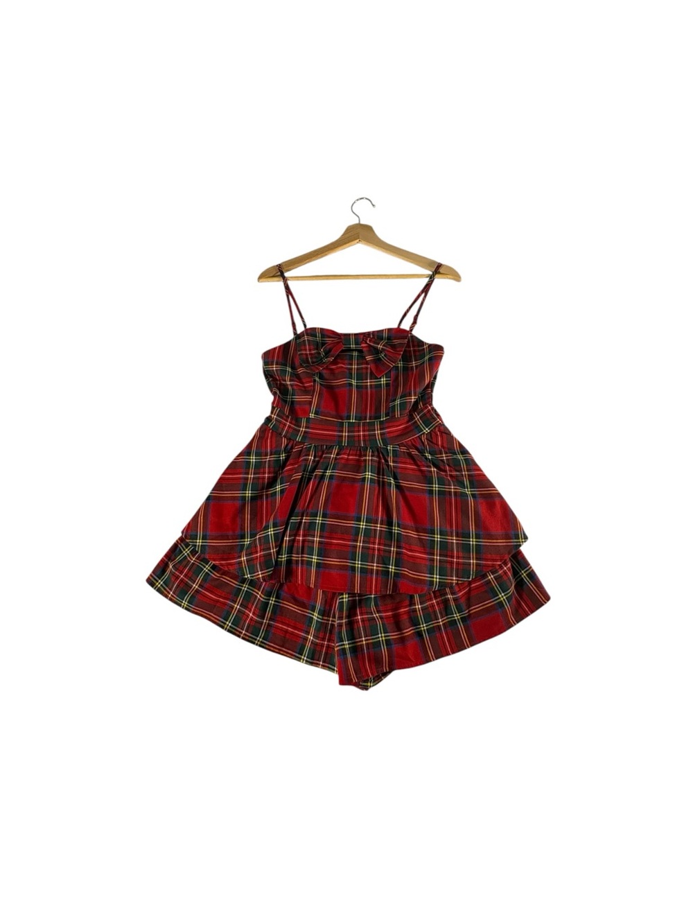 Francesca’s Madelyn Bow Front Tiered Plaid Romper Red Tartan Holiday Small